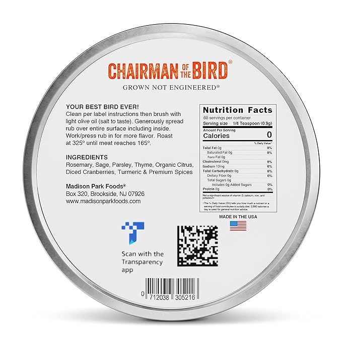 Chairman of the Bird Gourmet Turkey Rub Seasoning ??Citrus-Herb Spice Blend ??Orange, Cranberry, Rosemary, Sage ??Roast, Grill, Smoke ??Natural, Gluten-Free, No Salt - 2oz Fresh-Sealed Pouch in Tin