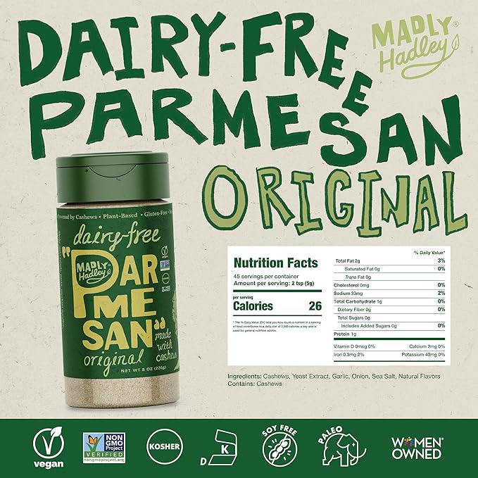 Madly Hadley Plant-Based Parmesan Cheese, 2 packs - 16oz | Original Vegan Cashew Parmesan Grated Topping for Pasta, Salad, Sauces | Dairy-Free, Gluten-Free, Non-GMO, Soy-Free, Keto-Friendly