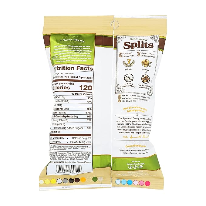 Unique Snacks Multi-Grain Splits Pretzel, Delicious Homestyle Baked Snack Bags, Vegan, OU Kosher, and Non-GMO Food, No Artificial Flavor, 2.12 Oz. Bag, Pack of 12