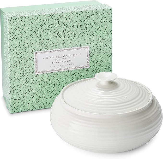 Portmeirion Sophie Conran Low Covered Dish | 3 Qt. White Round Serving Dishware | Made from Fine Porcelain | Dishwasher and Microwave Safe | Perfect for Casserole