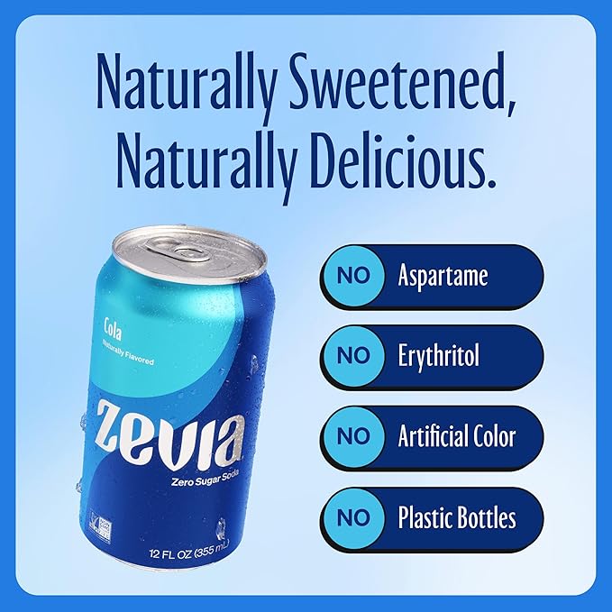 Zevia Zero Sugar Soda, Cola, 16 oz Cans (12-Pack) ??Naturally Sweetened, Non-GMO Project Verified, Gluten-Free, Vegan