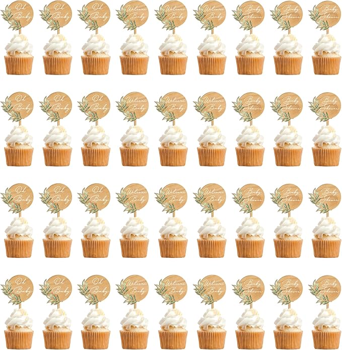 36 PCS Baby Shower Party Cupcake Toppers Oh Baby Cake Cupcake Decorations in Wood (Design B)