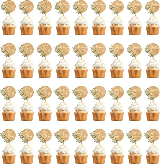36 PCS Baby Shower Party Cupcake Toppers Oh Baby Cake Cupcake Decorations in Wood (Design B)