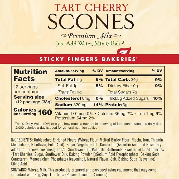 English Scone Mix, Tart Cherries by Sticky Fingers Bakeries ??Easy to Make English Scones Fresh Baked, Makes 12 Scones (2pk)