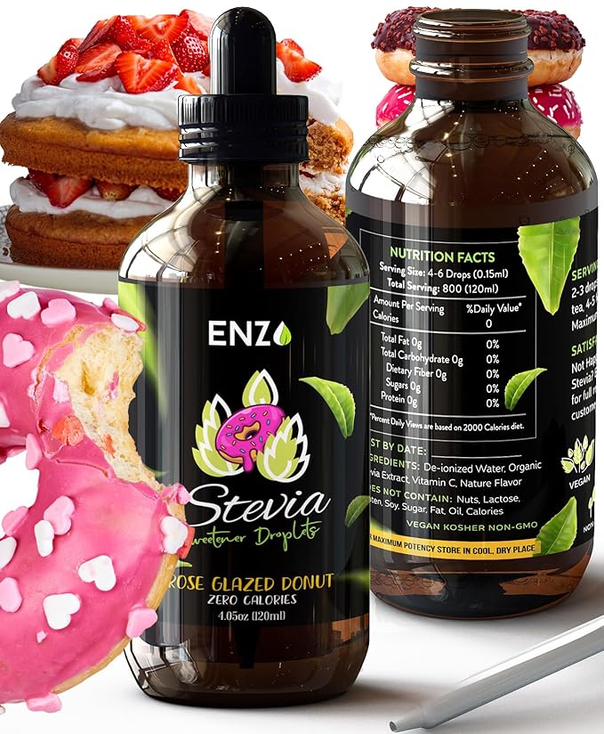 Enzo Liquid Stevia Drops Our Zero Calories Sweetener (4oz - 800 Servings/Bottle) - Rose Glazed Donut - All Natural flavoring with No Artificial Additives & Filler Ingredient