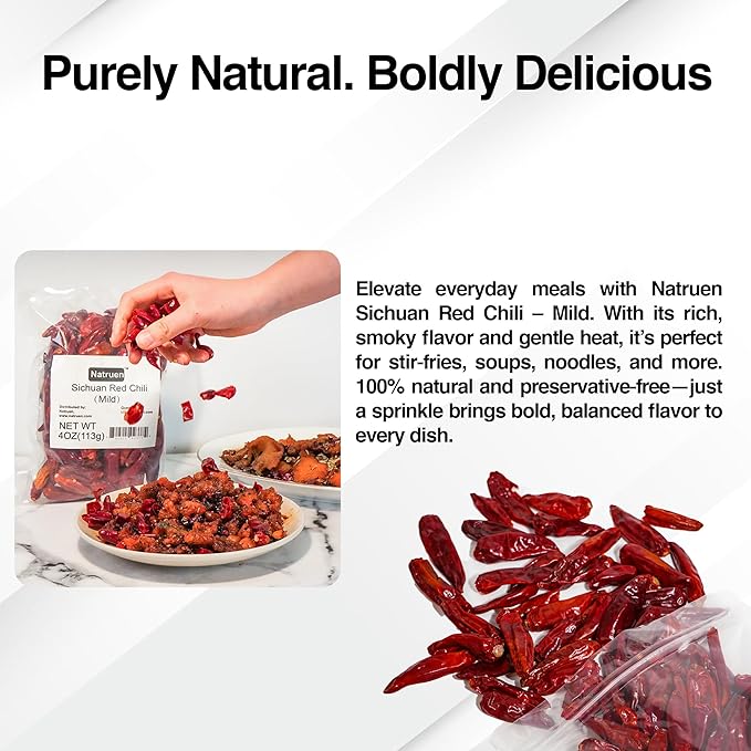 Natruen Whole Dry Szechuan Chinese Red Chili Pods 4 Oz, Mild, Facing Heaven Chili, Spicy Sichuan Dried Red Hot Chilies for Chili Oil, Paste, and Sauce