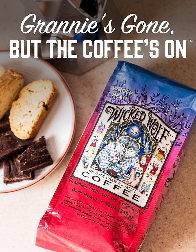 Raven's Brew Wicked Wolf Whole Bean Coffee, 12 ounce - Dark Roast - Full Body of Currant and Spice (2 Pack)