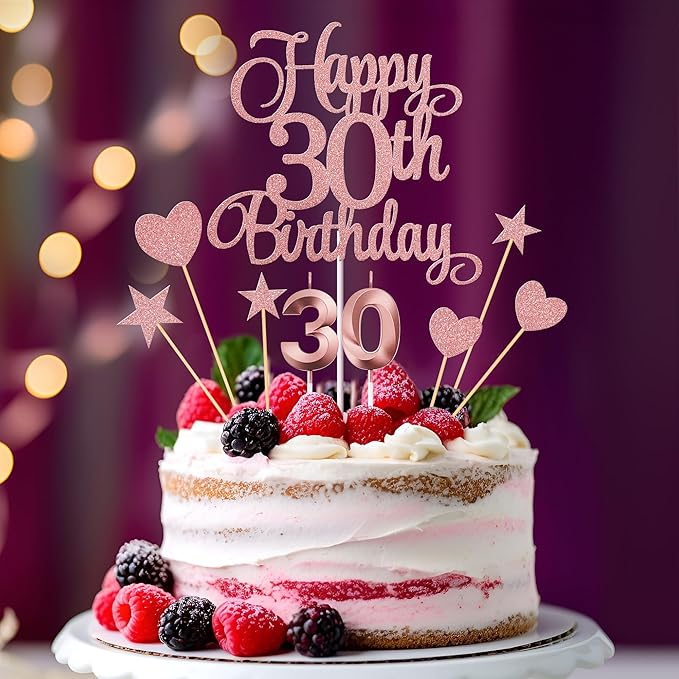30th Birthday Cake Toppers, 30th Birthday Candles Numeral Candles and Glitter Cake Decorations Toppers Set for Party Supplies (Rose Gold)