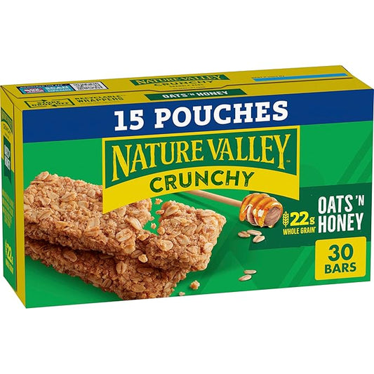 Nature Valley Crunchy Granola Bars, Oats 'n Honey, 30 Ct, 22.35 oz (15 Pouches)