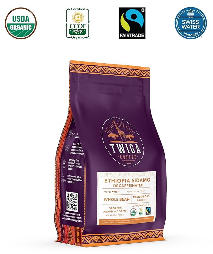 Twiga Coffee Premium Ethiopian Sidamo Decaf ??Organic Medium Roast Arabica Whole Bean ??Decaf Coffee Beans, Rich Berry, Citrus & Floral Notes ??Single Origin, Freshly Roasted from Ethiopia ??12 oz