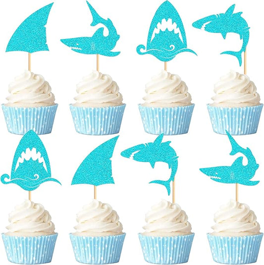 24 PCS Glitter Shark Cupcake Toppers Ocean Themed Party Shark Cake Decorations Baby Shower Birthday Party Decorations