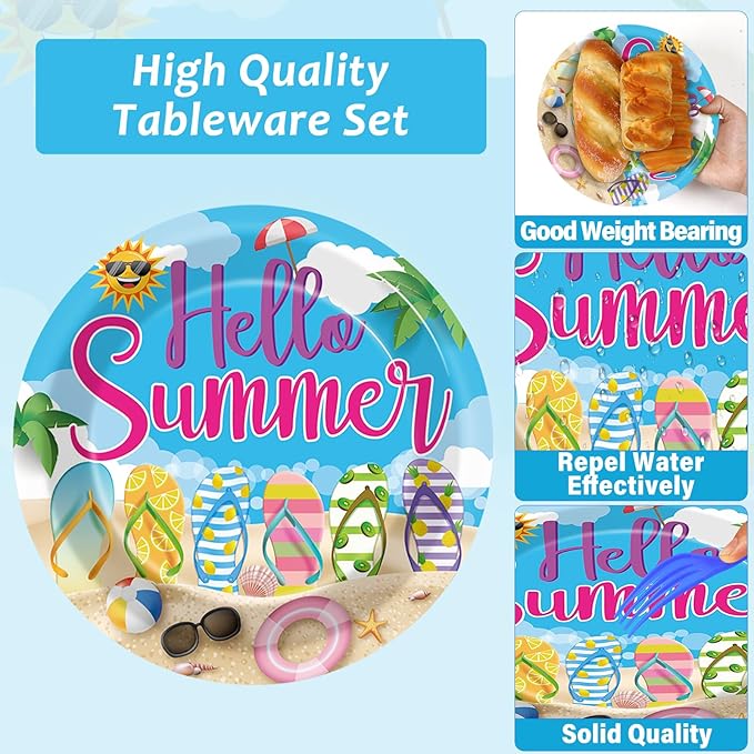 96Pcs Hello Summer Plates and Napkins Beach Party Decorations Hawaiian Tropical Disposable Paper Dessert Plates Tableware Set for 24 Guests Kids Summery Ocean Pool Birthday Party Supplies