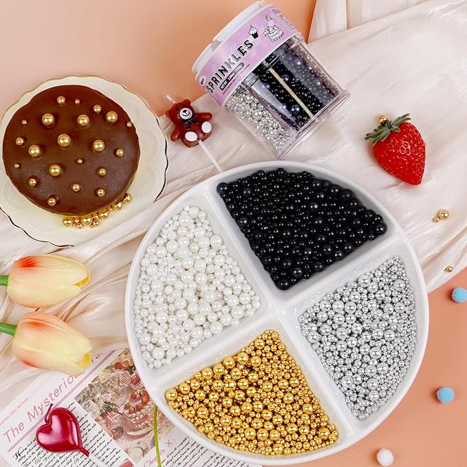 Sprinkles for Cake Decorating, Gold Silver White and Black Pearl Sprinkles, Edible Pearl, Mix Sprinkles for Cake Decorations, Cupcake Toppers, Ice Cream, 110g/3.88oz