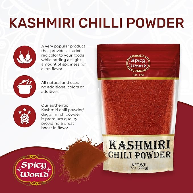 Spicy World Kashmiri Chili Powder Red 7 Ounce Resealable bag | All Natural Low Heat, Chili Powder - Red Pepper Powder
