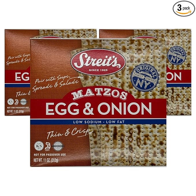 Streit's Egg & Onion Matzo - Thin & Crispy, Low Sodium, Low Fat, Family Owned, Kosher Certified, Pair with Soups, Spreads & Salads (11oz, Pack of 3)