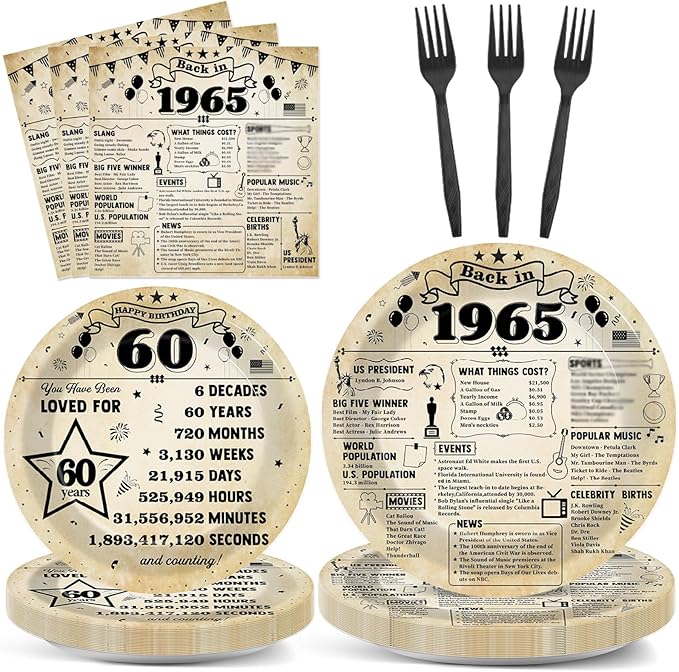 96Pcs Back in 1965 Plates and Napkins 60th Birthday Party Decorations Vintage 60 Year Old Party Dessert Plates 1965 Tableware for 24 Guests 60th Theme Men Women Birthday Supplies