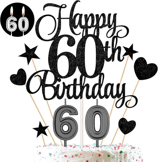 60th Birthday Cake Decorations Set Include 60th Birthday Candles Numeral 60 Cake Candles and Happy 60th Birthday Cake Toppers with Heart Star Cupcake Picks for Birthday Party (Black Series)