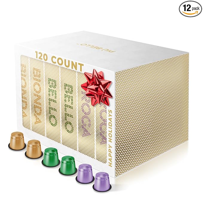 Piu Bello Espresso Coffee Pods for Nespresso Original Machines ??Light Roast Variety Pack ??3 Flavors: Chocolate, Nuts, Sweet Caramel ??Rich & Balanced Taste ??Kosher Certified (3-Flavor Multipack, 120 Count)