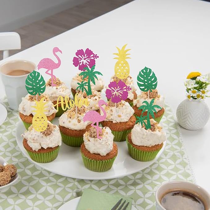 24 Pack Tropical Cupcake Toppers Aloha Luau Cupcake Picks Glitter Flamingo Plam Leaves Pineapple Cupcake Decorations for Summer Baby Shower Birthday Wedding Party Cake Supplies