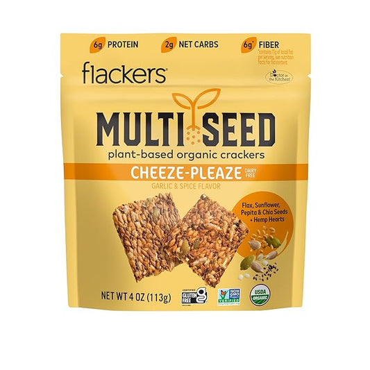 Flackers Organic Cheeze-Pleaze Multi-Seed Crackers, 4 Ounce 1-Pack, Gluten Free, Non GMO, Vegan, Keto Snack, 8g Fiber, 3g Net Carbs
