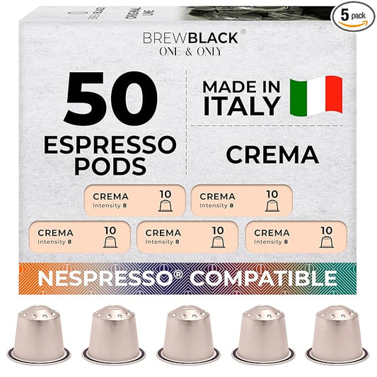 BrewBlack Crema Coffee Capsules - 50 Aluminum Coffee Pods Compatible with Nespresso Original line, Medium Roast - Intensity 8/12, Made in Italy