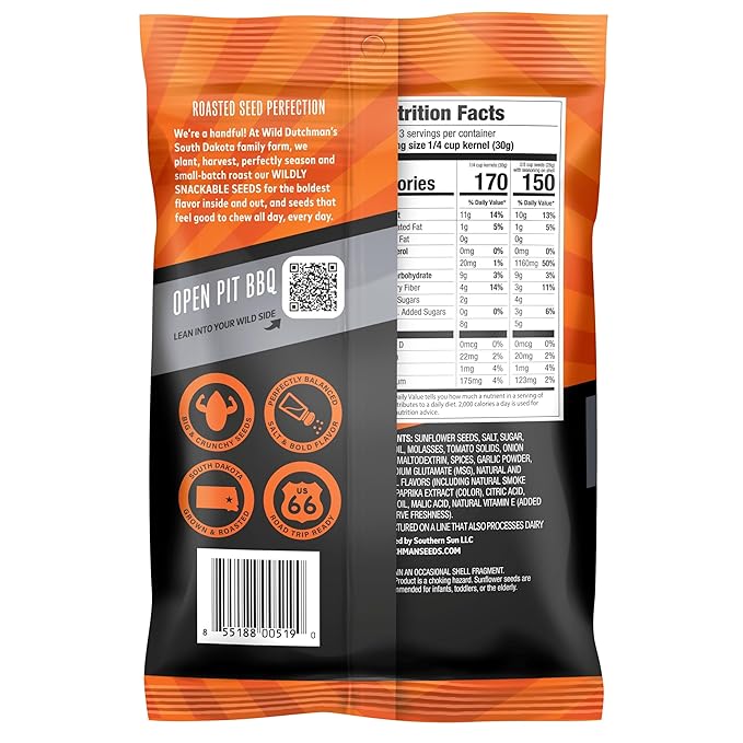 Wild Dutchman, Roasted Sunflower Seeds, Mouth Friendly Recipe for All Day Snacking, Open Pit BBQ, 5.5 oz (Pack of 12)