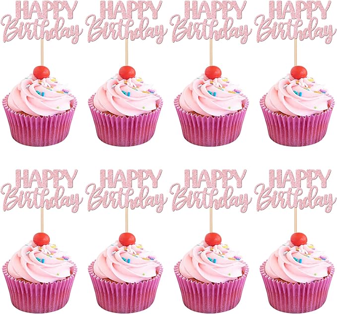 30 PCS Happy Birthday Cupcake Toppers Glitter Happy Birthday Cupcake Picks for Celebrating Anniversary Theme Party Cake Decorations Supplies Light Pink