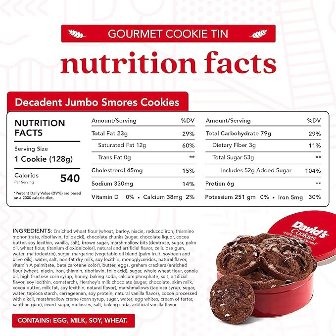 David's Cookies Fresh Baked Decadent Jumbo Smores Cookies Gift Basket Tin - Flavorful Gourmet Cookies - Ideal Food Gift for Corporate, Birthday, Fathers and Mothers Day, Get Well and Other Special Occasions - 2 lb (8 pcs)