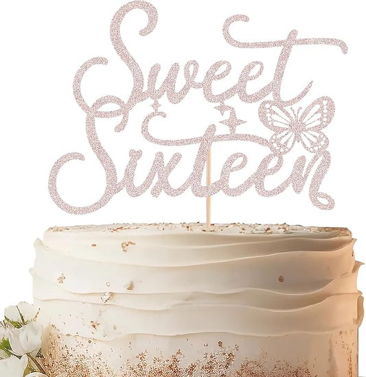 Sweet Sixteen Cake Topper - Rose Gold Glitter Butterfly Theme Sweet 16 Birthday Cake Decorating Supplies for Girls, Sweet 16 Cake Topper for Happy 16th Birthday Party Supplies Photo Booth Props