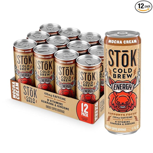 SToK Cold Brew Energy Mocha Cream, Energy Coffee Beverage with 195mg Caffeine to Help Support Focus, Canned Coffee with B-Vitamins, Guarana and Ginseng, 11 fl oz, 12pk