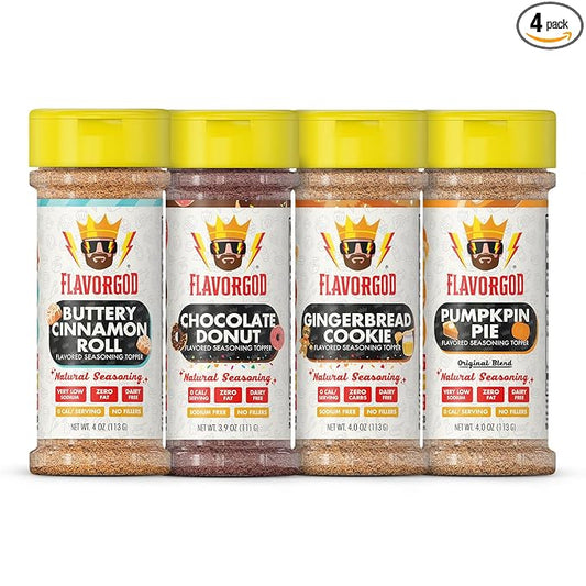 Dessert Topper Combo Pack - Buttery Cinnamon Roll, Chocolate Donut, Gingerbread Cookie, Pumpkin Pie, Pack of 4 - Premium All Natural & Healthy Blend for Bread, Fruit, Ice Cream Seasoning by Flavor God