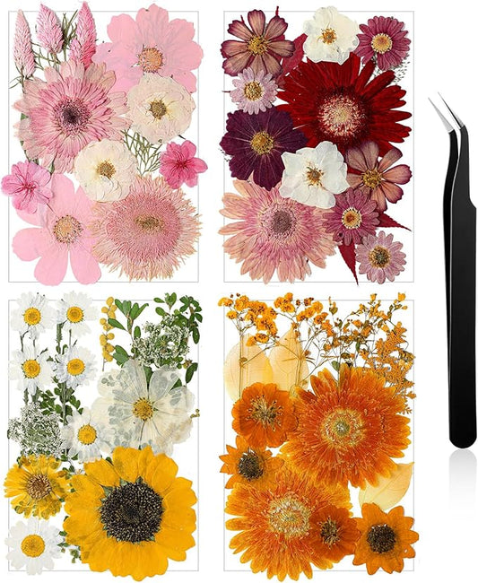 Nuanchu Pressed Flowers Bulk Dried Flower for Crafts, Dried Wildflowers Leave Natural with Tweezer for Resin Mold Scrapbooking Nail Soap Making DIY(Rustic Style,Mixed Color)