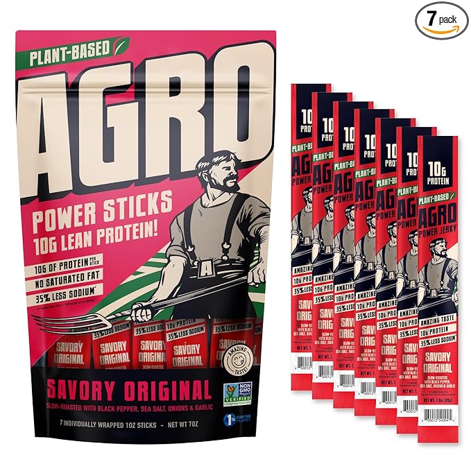 AGRO POWER Vegan Jerky Sticks ??Savory Original Flavor ??7-Stick Bag of Plant-Based Jerky with 10g Protein ??Non-GMO, Low Sodium, High Protein Vegan Snack ??Vegetarian Meat Alternative