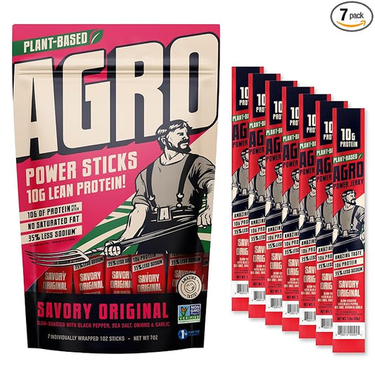 AGRO POWER Vegan Jerky Sticks ??Savory Original Flavor ??7-Stick Bag of Plant-Based Jerky with 10g Protein ??Non-GMO, Low Sodium, High Protein Vegan Snack ??Vegetarian Meat Alternative