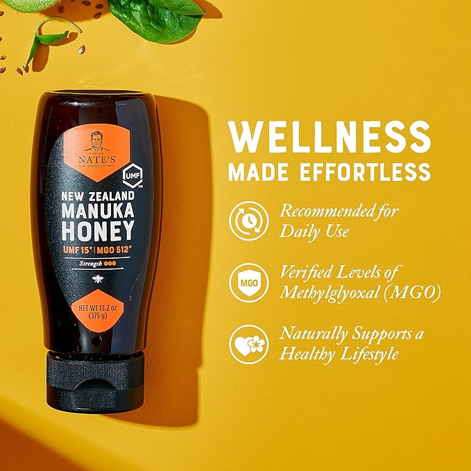 Nate's Raw Manuka Honey New Zealand MGO 512+ | UMF Certified 15+ | 13.2 oz Squeeze Bottle