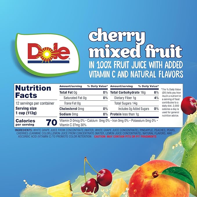 Dole Fruit Bowls Cherry Mixed Fruit in 100% Juice 4oz (12 Cups) & Dole Fruit Bowls Diced Peaches in 100% Juice, 4 Ounce (12 Cups), Back To School Healthy Snack