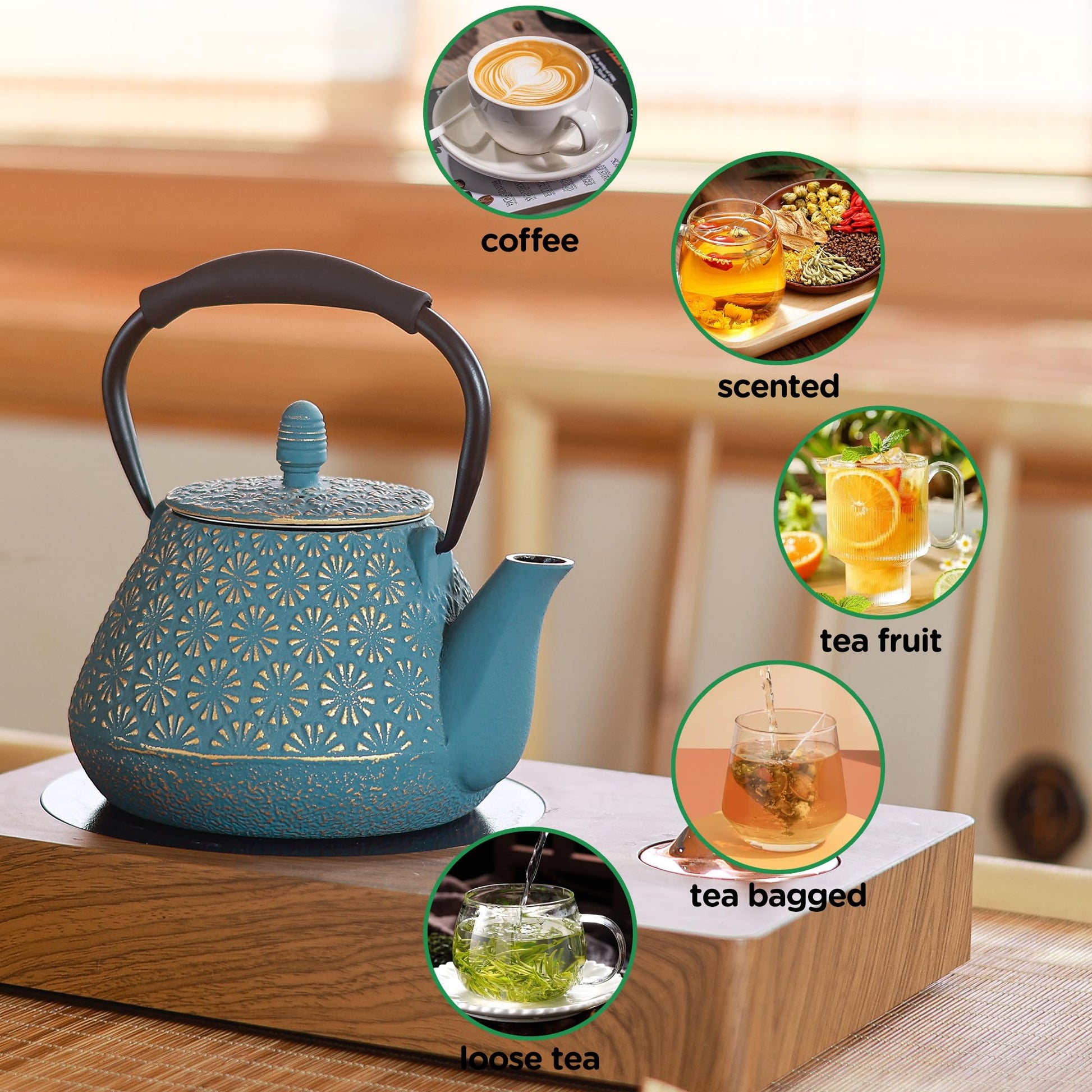 MILVBUSISS Cast Iron Teapot, 32oz Japanese Sakura Blossom Pattern Tea Kettle, Stovetop Safe
