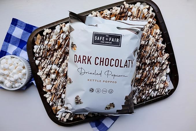 Safe + Fair Food Company Plant-Based Gourmet Chocolate Flavored Popcorn - Dark Chocolaty Drizzled Kettle Corn popcorn - Non-GMO + Gluten-Free Snacks,5.5oz,6 Pack
