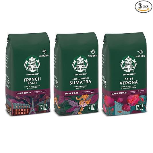 Starbucks Dark Roast Ground Coffee, Variety Pack, 3 bags (12 oz each)