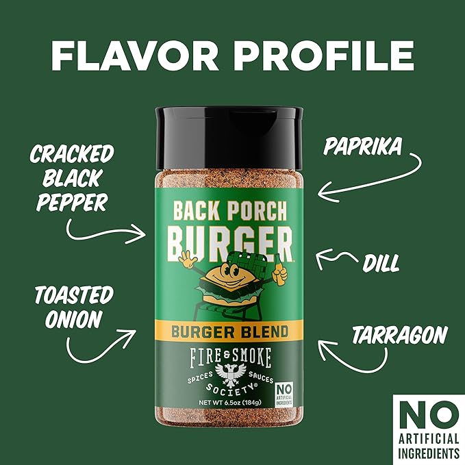 Fire & Smoke Back Porch Burger Seasoning | BBQ Rub for Smoking and Grilling Meat | Beef, Pork, Chicken, Turkey, Veggie | BBQ Rubs and Spices | Brown Sugar, Onion, Paprika, Black Pepper | M 6.5 oz