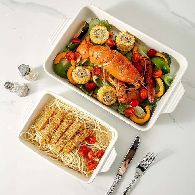 Ceramic Baking Casserole Dish with Handles, Large 9x13 inch Pan and Middle Baking Pan - Porcelain Serving Bakeware Set (White)