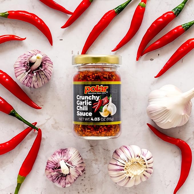 Polar Crunchy Garlic Chili Sauce 4.03oz (Pack of 4), Extra Crispy Chili Oil, Savory Umami Topping, Good on Everything, Gourmet Hot Sauce, Savory condiment, Vegan Friendly, Gourmet Hot Sauce, No MSG, Chili Crisp