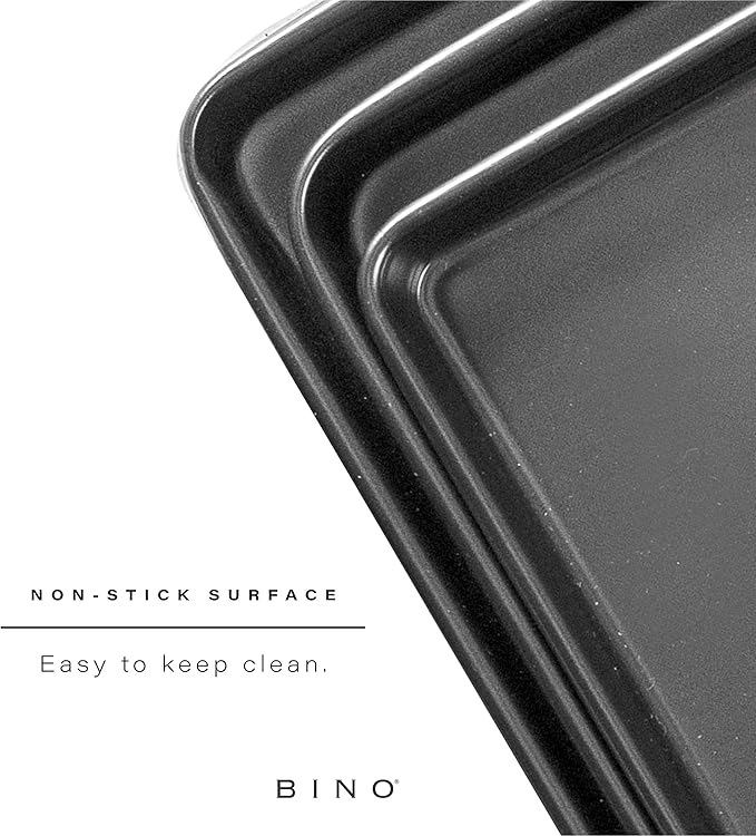 BINO Bakeware Nonstick Cookie Sheet Baking Tray Set, 3-Piece - Gunmetal | Non Stick Baking Pans Set | Carbon Steel Tray Bakeware Sets | Oven Safe | Cookie Sheet Pans | Food-Safe
