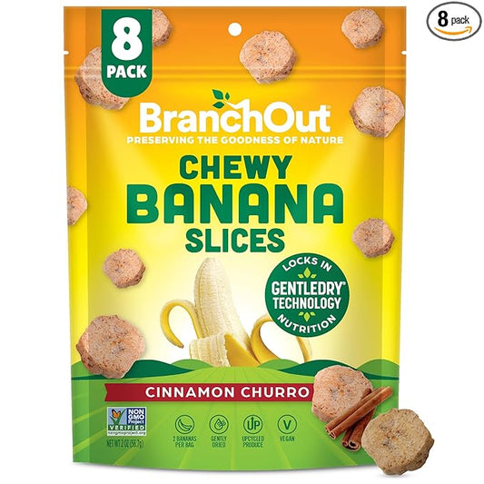 BranchOut Cinnamon Churro Banana Slices, Chewy & Full of Flavor, GentleDry, Better than Freeze Dried Banana Chips, Delicious Vegan Fruit Snacks for Kids & Adults, 2 oz Snack Size (Pack of 8)