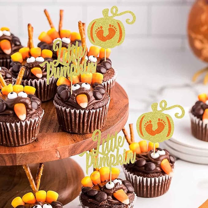 24Pcs Little Pumpkin Cupcake Toppers - Baby Shower Cake Decorations with Baby Feet Pumpkin Cupcake Picks for Thanksgiving, Halloween, Kids Birthday Parties - Gold Glitter