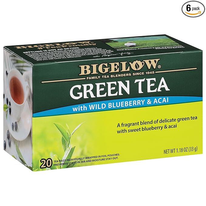 Bigelow Tea Green Tea with Wild Blueberry and Acai, Caffeinated Tea with Wild Blueberry and Acai, 20 Count Box (Pack of 6), 120 Total Tea Bags