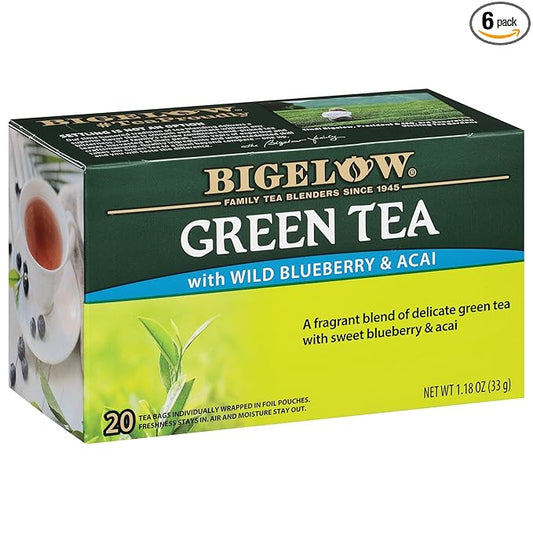 Bigelow Tea Green Tea with Wild Blueberry and Acai, Caffeinated Tea with Wild Blueberry and Acai, 20 Count Box (Pack of 6), 120 Total Tea Bags
