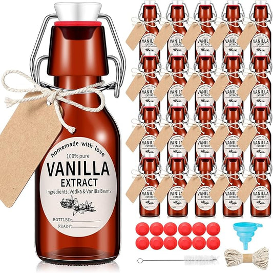 Vesici 20 Sets Swing Top Glass Bottles Set Amber Homemade Vanilla Extract Bottles with Stoppers Stickers Caps Jar Brush Funnel Rope Labels Vanilla Extract Jars for Holiday DIY Crafts (8 oz)