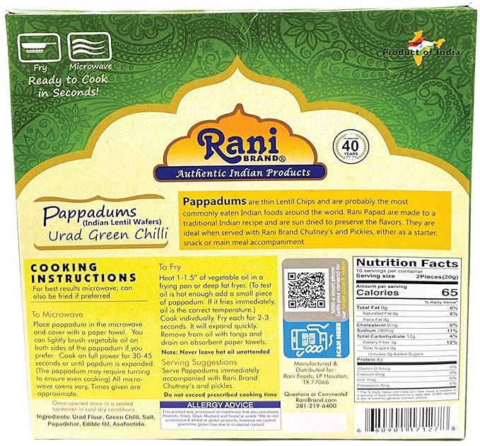 Rani Pappadums (Indian Lentil Wafer Snack) Green Chilli Papad 7oz (200g) Approximately 15pc, 7 inches, Pack of 2 ~ All Natural | Gluten Friendly | NON-GMO | Vegan | Indian Origin