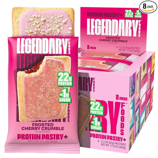 Legendary Foods 22g Protein Pastry+ Cherry, Low Carb Meal Replacement Bar - Low Glycemic, Gluten Free Protien Snacks - Healthy Keto Snack Box 8 Zero Sugar Energy Bars - Bariatric Diabetic Friendly